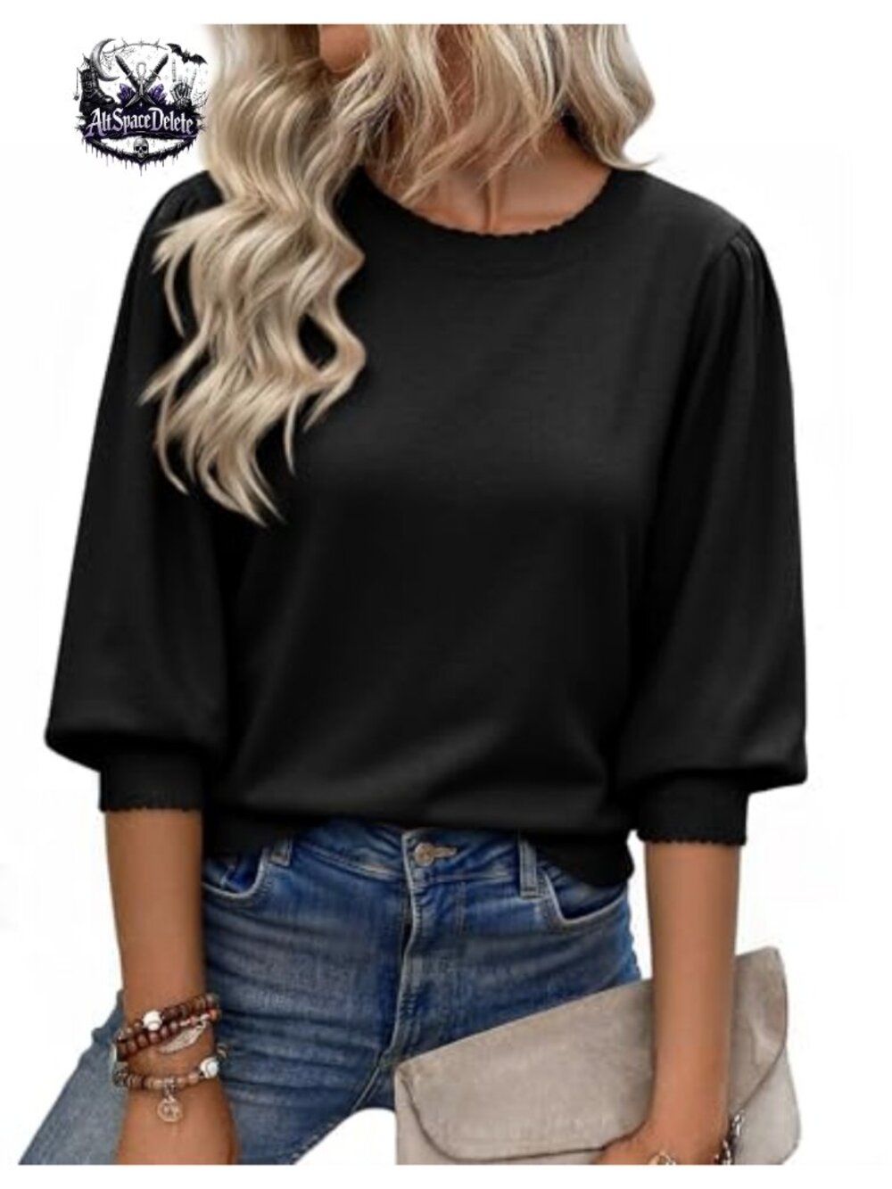 Womens 3/4 Puff Sleeve Scallop Trim Knit Pullover Sweater Casual Fall Top